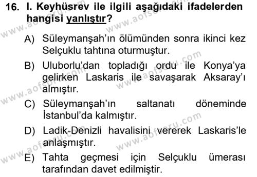 Türkiye Selçuklu Tarihi Dersi 2012 - 2013 Yılı (Vize) Ara Sınavı 16. Soru