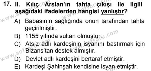 Türkiye Selçuklu Tarihi Dersi 2012 - 2013 Yılı (Vize) Ara Sınavı 17. Soru