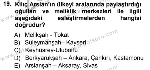Türkiye Selçuklu Tarihi Dersi 2012 - 2013 Yılı (Vize) Ara Sınavı 19. Soru