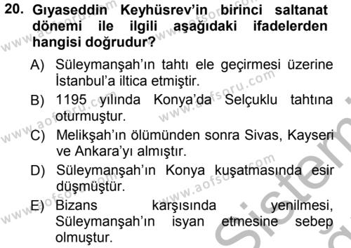 Türkiye Selçuklu Tarihi Dersi 2012 - 2013 Yılı (Vize) Ara Sınavı 20. Soru