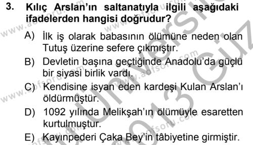 Türkiye Selçuklu Tarihi Dersi 2012 - 2013 Yılı (Vize) Ara Sınavı 3. Soru