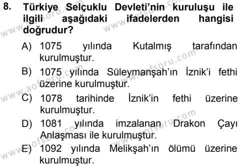 Türkiye Selçuklu Tarihi Dersi 2012 - 2013 Yılı (Vize) Ara Sınavı 8. Soru