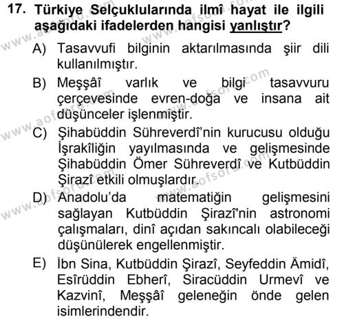 Türkiye Selçuklu Tarihi Dersi 2012 - 2013 Yılı (Final) Dönem Sonu Sınavı 17. Soru