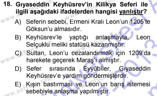 Türkiye Selçuklu Tarihi Dersi 2012 - 2013 Yılı (Final) Dönem Sonu Sınavı 18. Soru