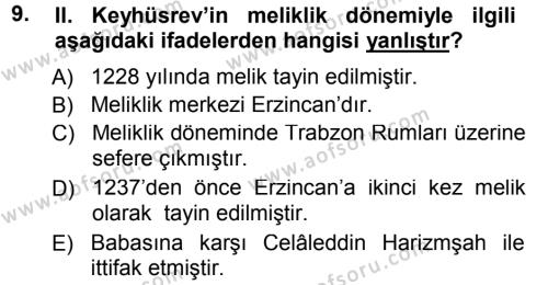 Türkiye Selçuklu Tarihi Dersi 2012 - 2013 Yılı (Final) Dönem Sonu Sınavı 9. Soru