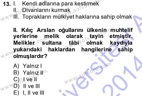 Türkiye Selçuklu Tarihi Dersi 2013 - 2014 Yılı (Vize) Ara Sınavı 13. Soru