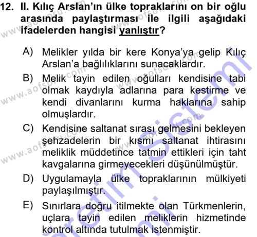 Türkiye Selçuklu Tarihi Dersi 2015 - 2016 Yılı (Vize) Ara Sınavı 12. Soru