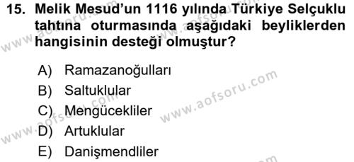 Türkiye Selçuklu Tarihi Dersi 2015 - 2016 Yılı (Vize) Ara Sınavı 15. Soru