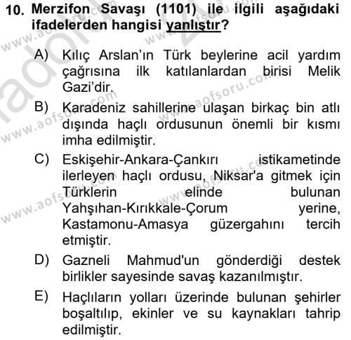 Türkiye Selçuklu Tarihi Dersi 2016 - 2017 Yılı (Vize) Ara Sınavı 10. Soru
