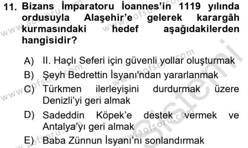 Türkiye Selçuklu Tarihi Dersi 2017 - 2018 Yılı (Vize) Ara Sınavı 11. Soru