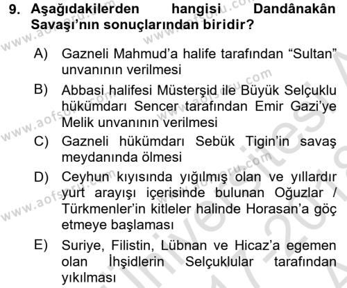 Türkiye Selçuklu Tarihi Dersi 2017 - 2018 Yılı (Vize) Ara Sınavı 9. Soru