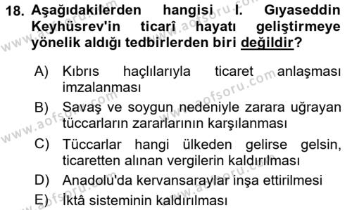 Türkiye Selçuklu Tarihi Dersi 2018 - 2019 Yılı (Vize) Ara Sınavı 18. Soru