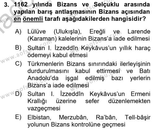 Türkiye Selçuklu Tarihi Dersi 2018 - 2019 Yılı Yaz Okulu Sınavı 3. Soru