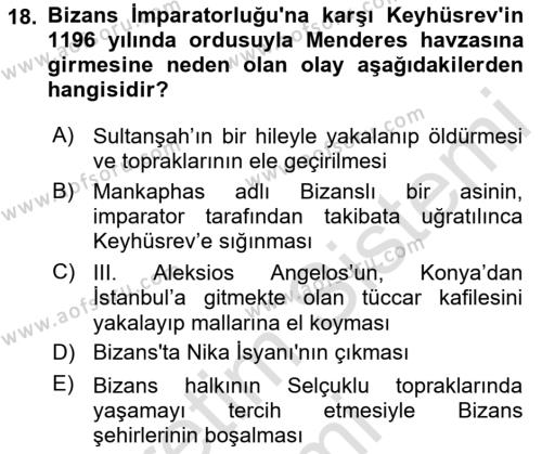 Türkiye Selçuklu Tarihi Dersi 2019 - 2020 Yılı (Vize) Ara Sınavı 18. Soru