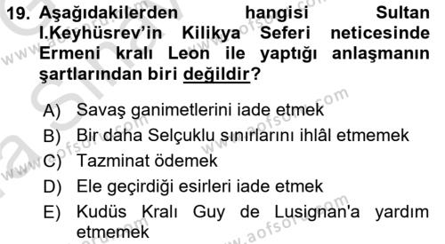 Türkiye Selçuklu Tarihi Dersi 2019 - 2020 Yılı (Vize) Ara Sınavı 19. Soru