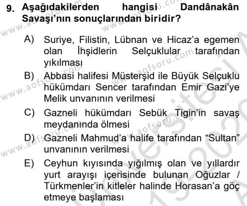 Türkiye Selçuklu Tarihi Dersi 2019 - 2020 Yılı (Vize) Ara Sınavı 9. Soru