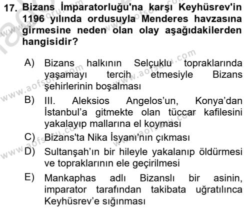 Türkiye Selçuklu Tarihi Dersi 2021 - 2022 Yılı (Vize) Ara Sınavı 17. Soru