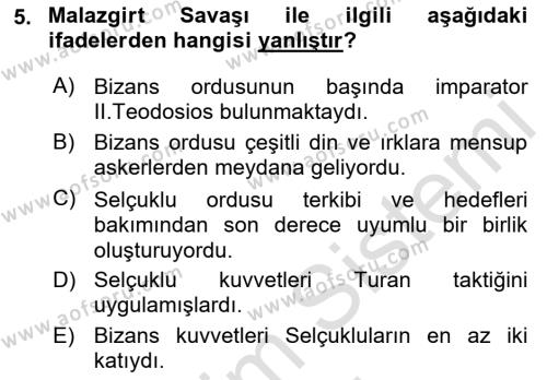 Türkiye Selçuklu Tarihi Dersi 2021 - 2022 Yılı (Vize) Ara Sınavı 5. Soru
