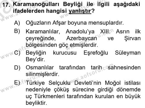 Türkiye Selçuklu Tarihi Dersi 2021 - 2022 Yılı Yaz Okulu Sınavı 17. Soru