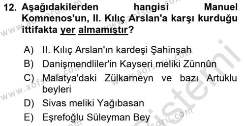 Türkiye Selçuklu Tarihi Dersi 2023 - 2024 Yılı (Vize) Ara Sınavı 12. Soru