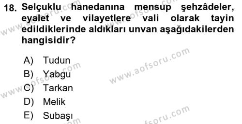 Türkiye Selçuklu Tarihi Dersi 2023 - 2024 Yılı (Vize) Ara Sınavı 18. Soru