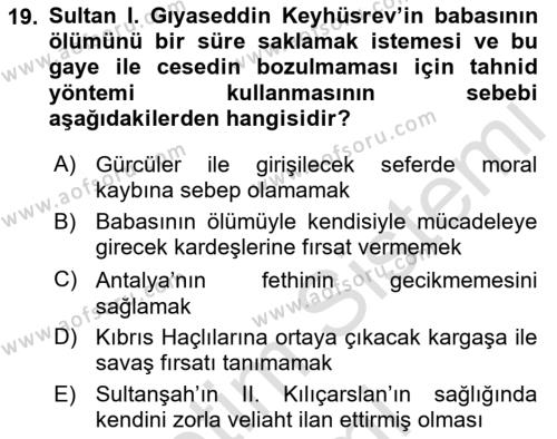 Türkiye Selçuklu Tarihi Dersi 2023 - 2024 Yılı (Vize) Ara Sınavı 19. Soru