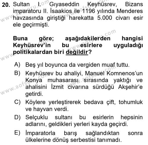 Türkiye Selçuklu Tarihi Dersi 2023 - 2024 Yılı (Vize) Ara Sınavı 20. Soru