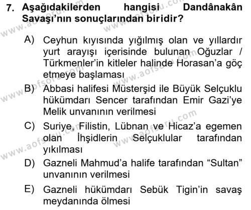 Türkiye Selçuklu Tarihi Dersi 2023 - 2024 Yılı (Vize) Ara Sınavı 7. Soru