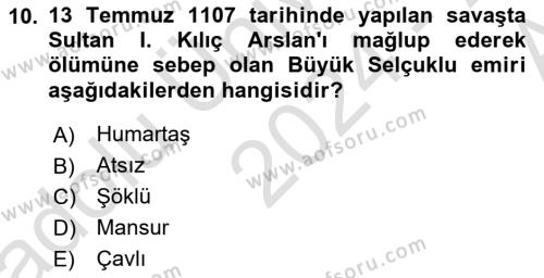 Türkiye Selçuklu Tarihi Dersi 2024 - 2025 Yılı (Vize) Ara Sınavı 10. Soru