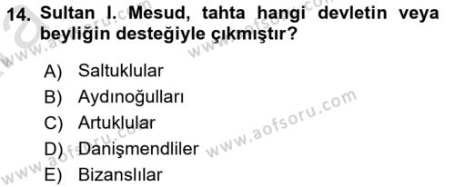 Türkiye Selçuklu Tarihi Dersi 2024 - 2025 Yılı (Vize) Ara Sınavı 14. Soru