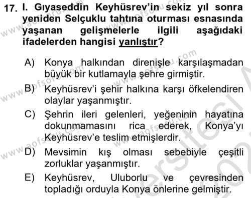 Türkiye Selçuklu Tarihi Dersi 2024 - 2025 Yılı (Vize) Ara Sınavı 17. Soru