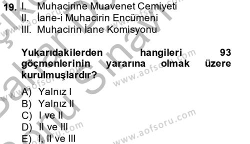 Osmanlı´da İskan ve Göç Dersi 2014 - 2015 Yılı (Final) Dönem Sonu Sınavı 19. Soru