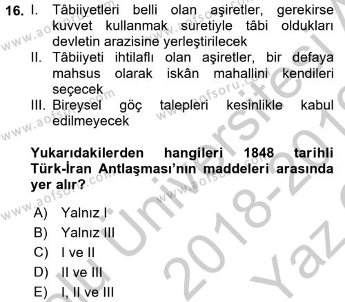 Osmanlı´da İskan ve Göç Dersi 2018 - 2019 Yılı Yaz Okulu Sınavı 16. Soru