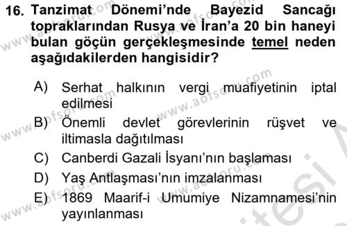 Osmanlı´da İskan ve Göç Dersi 2020 - 2021 Yılı Yaz Okulu Sınavı 16. Soru