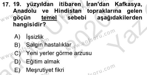 Osmanlı´da İskan ve Göç Dersi 2020 - 2021 Yılı Yaz Okulu Sınavı 17. Soru