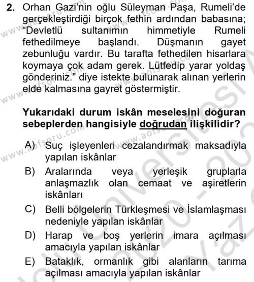 Osmanlı´da İskan ve Göç Dersi 2020 - 2021 Yılı Yaz Okulu Sınavı 2. Soru