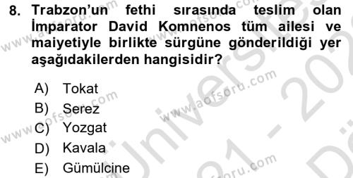 Osmanlı´da İskan ve Göç Dersi 2021 - 2022 Yılı (Vize) Ara Sınavı 8. Soru