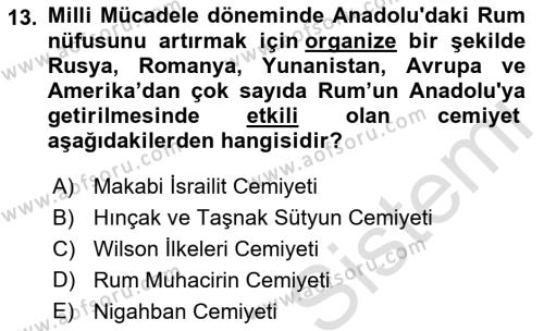 Osmanlı´da İskan ve Göç Dersi 2021 - 2022 Yılı (Final) Dönem Sonu Sınavı 13. Soru