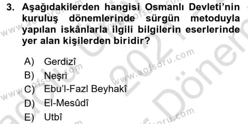 Osmanlı´da İskan ve Göç Dersi 2021 - 2022 Yılı (Final) Dönem Sonu Sınavı 3. Soru