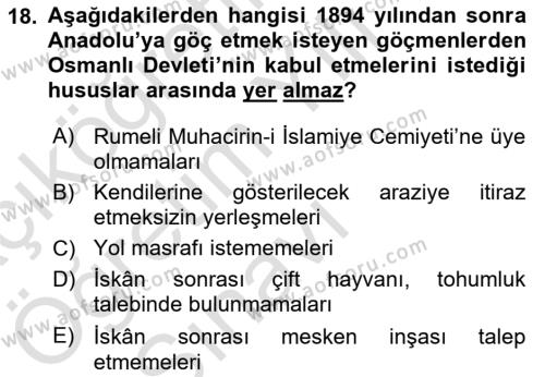 Osmanlı´da İskan ve Göç Dersi 2021 - 2022 Yılı Yaz Okulu Sınavı 18. Soru