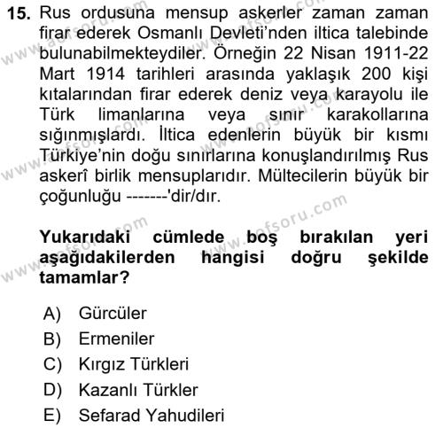 Osmanlı´da İskan ve Göç Dersi 2022 - 2023 Yılı Yaz Okulu Sınavı 15. Soru