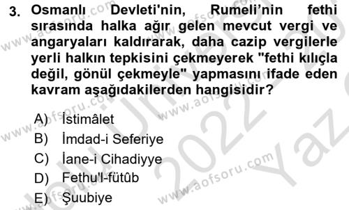 Osmanlı´da İskan ve Göç Dersi 2022 - 2023 Yılı Yaz Okulu Sınavı 3. Soru