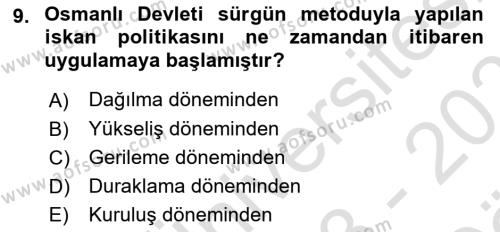 Osmanlı´da İskan ve Göç Dersi 2023 - 2024 Yılı (Vize) Ara Sınavı 9. Soru