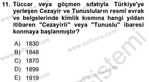 Osmanlı´da İskan ve Göç Dersi 2023 - 2024 Yılı (Final) Dönem Sonu Sınavı 11. Soru