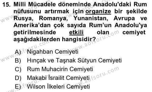 Osmanlı´da İskan ve Göç Dersi 2023 - 2024 Yılı (Final) Dönem Sonu Sınavı 15. Soru