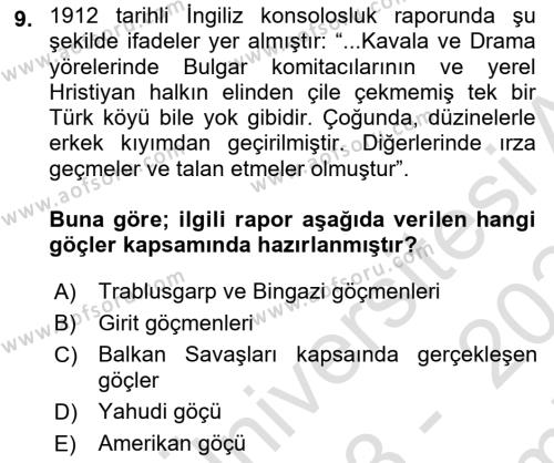 Osmanlı´da İskan ve Göç Dersi 2023 - 2024 Yılı (Final) Dönem Sonu Sınavı 9. Soru