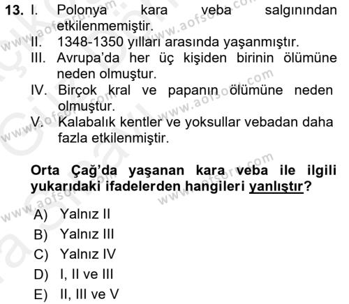 Orta Çağ-Yeni Çağ Avrupa Tarihi Dersi 2018 - 2019 Yılı (Vize) Ara Sınavı 13. Soru