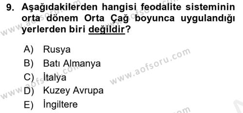 Orta Çağ-Yeni Çağ Avrupa Tarihi Dersi 2018 - 2019 Yılı (Vize) Ara Sınavı 9. Soru