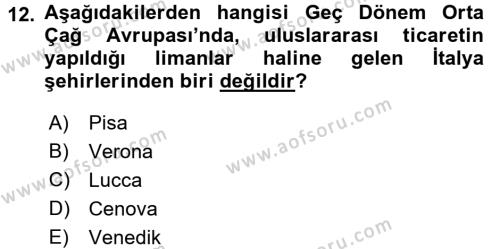 Ortaçağ-Yeniçağ Avrupa Tarihi Dersi 2016 - 2017 Yılı (Vize) Ara Sınavı 12. Soru