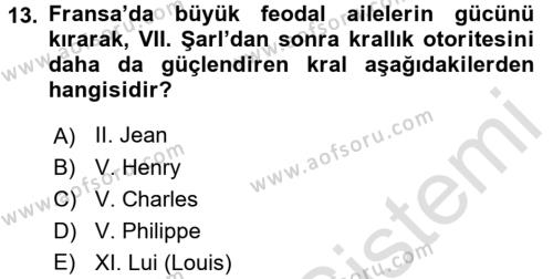 Ortaçağ-Yeniçağ Avrupa Tarihi Dersi 2016 - 2017 Yılı (Vize) Ara Sınavı 13. Soru